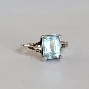 Vintage Boho Emerald Cut Blue Aquamarine Gemstone Sterling Silver Rectangle Ring